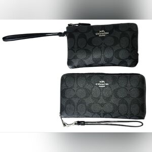 Coach Long Accordion Signature Logo Wallet and Double Corner Zip Wristlet Bundle